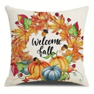 NEW LINEN BLEND "WELCOME FALL" DECORATIVE FLORAL WREATH PILLOW COVER 17.7"